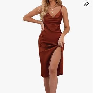 Women's Satin Drape Cowl Neck Sleeveless Strappy Cami Split Slit Dress